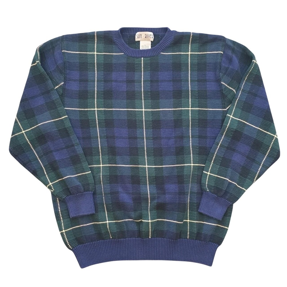 Vintage Preppy Blue Green Plaid Crewneck Sweater By Sun River Large